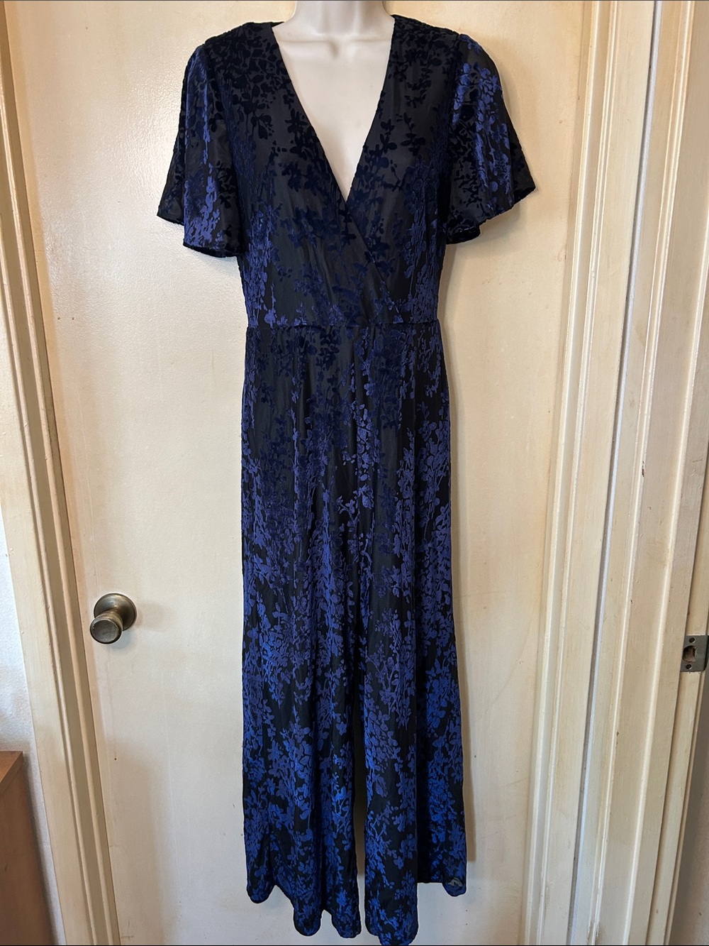 Lulus Blue and Black Burnout Velvet Jumpsuit size S